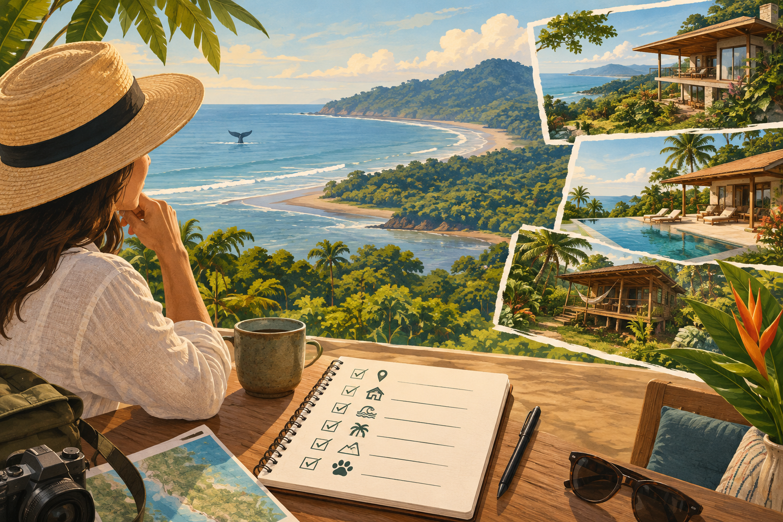 Conceptual editorial illustration of Costa Ballena accommodation choices, with a coastal setting, hillside home and travel checklist; not a photograph of a real listed property.