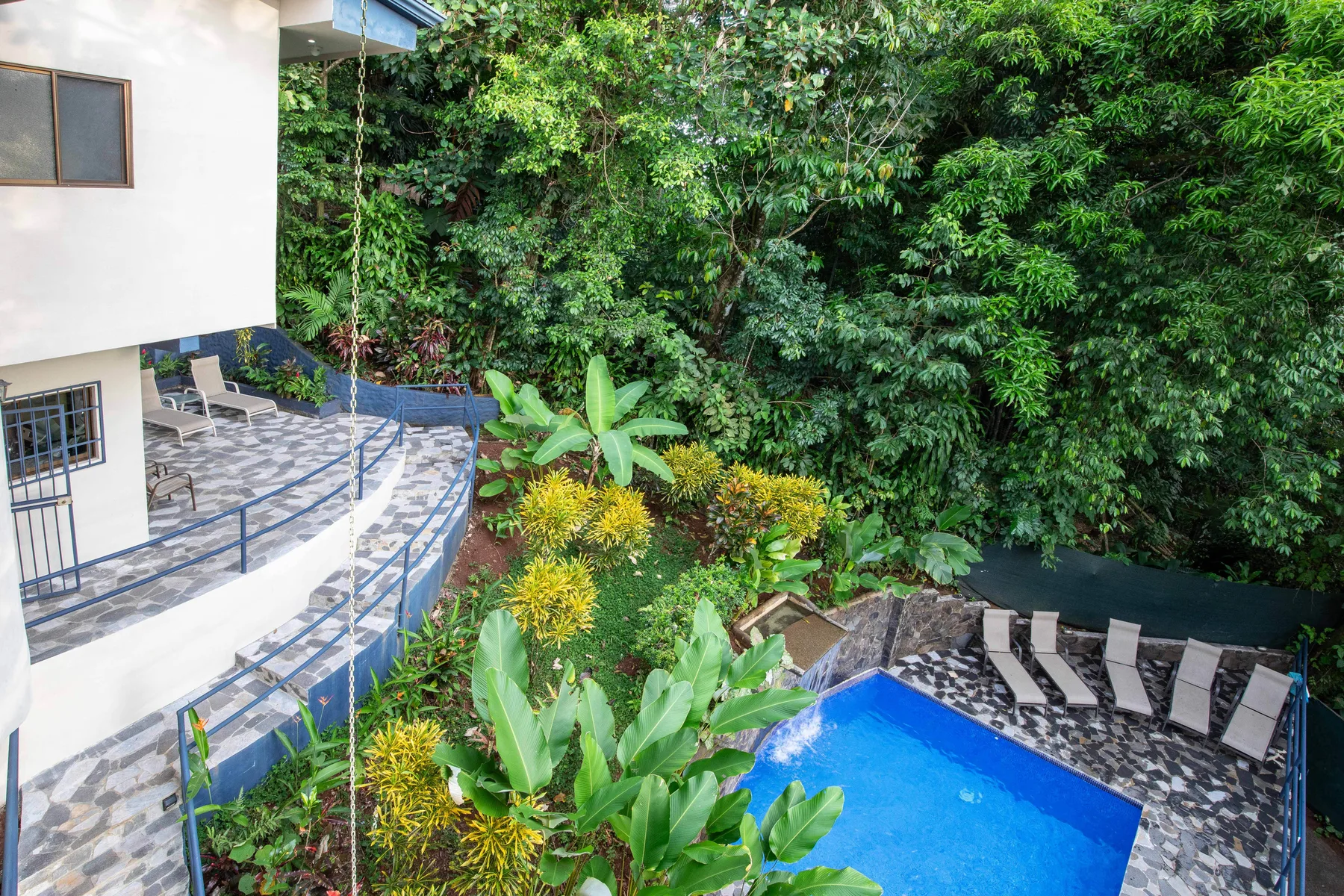 A swimming pool beside a tiled patio, surrounded by dense tropical greenery.