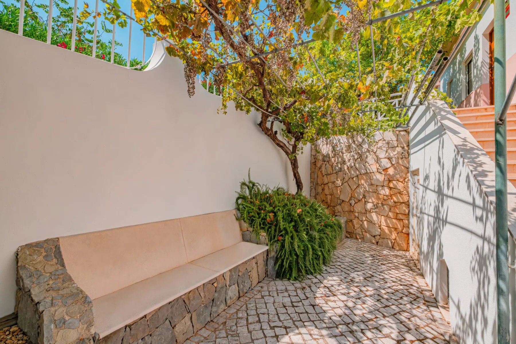 Un pequeño patio pavimentado tiene un banco fijo bajo un árbol frondoso.