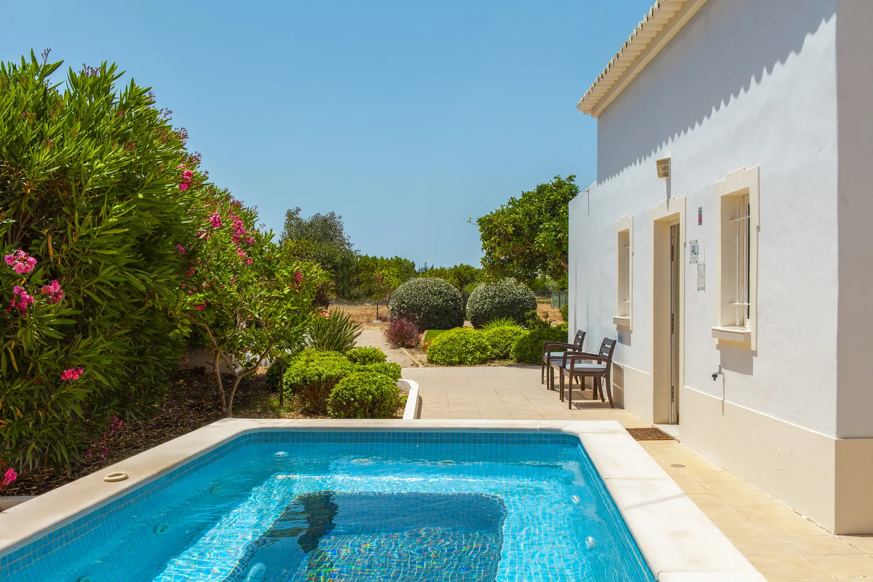 An outdoor swimming pool beside a white building, with garden shrubs and seating.