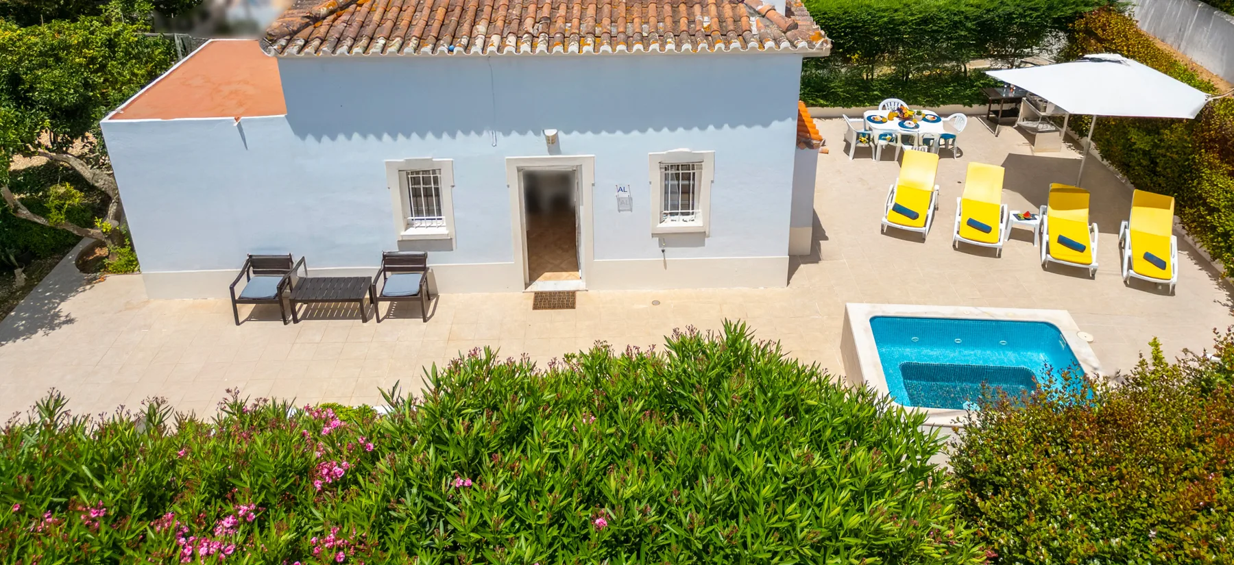 A light-blue house and outdoor pool are surrounded by greenery.