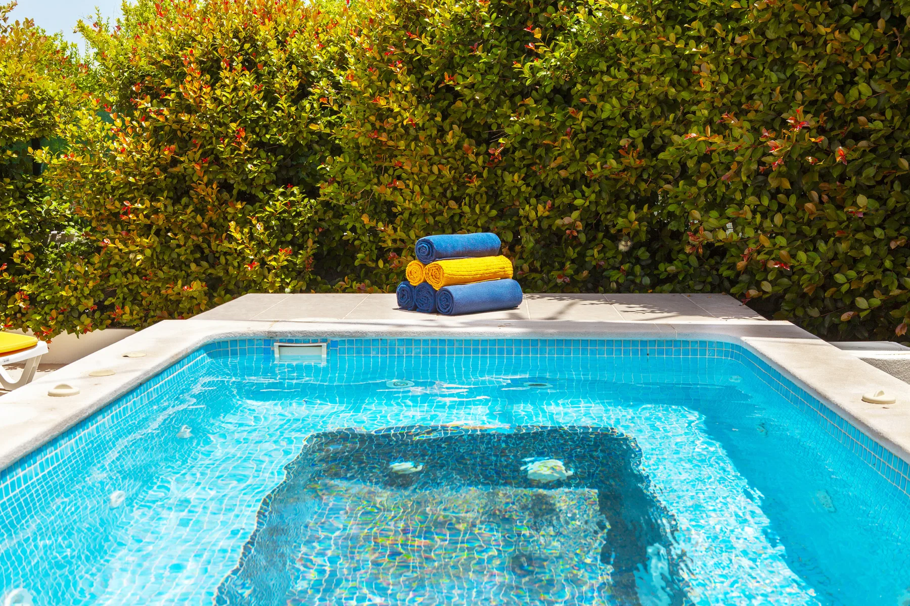 An outdoor swimming pool with colorful towels on the deck and a leafy hedge behind it.