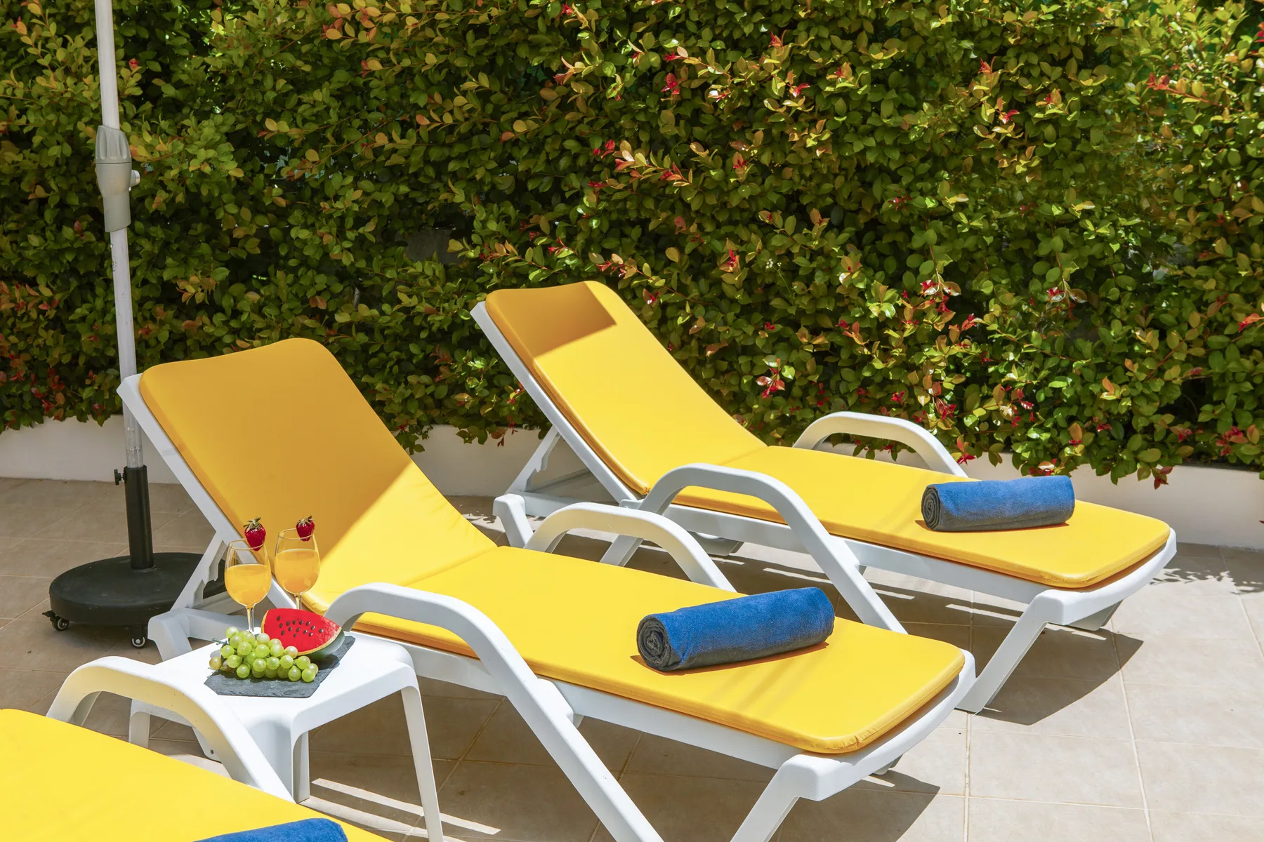 Outdoor poolside seating with yellow loungers and blue towels beside a leafy hedge.