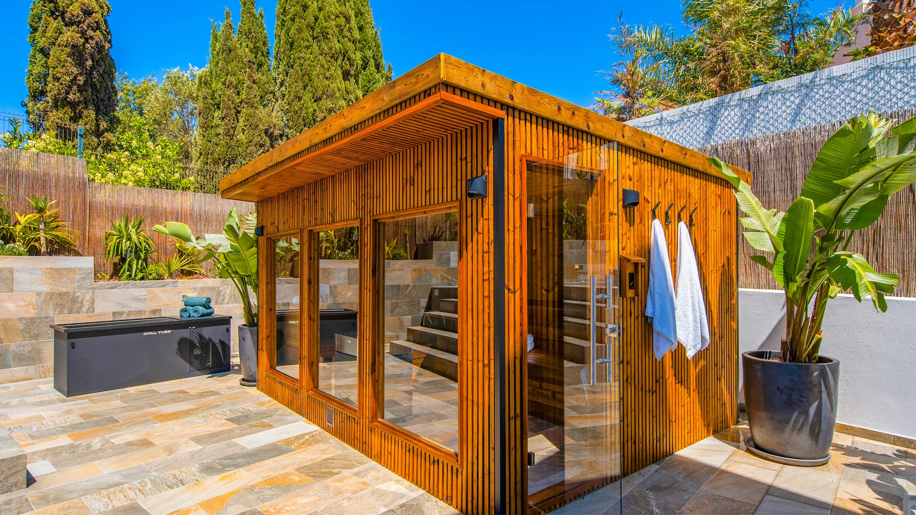 Una sauna de madera con puertas de vidrio está en un patio pavimentado junto a una planta en maceta.