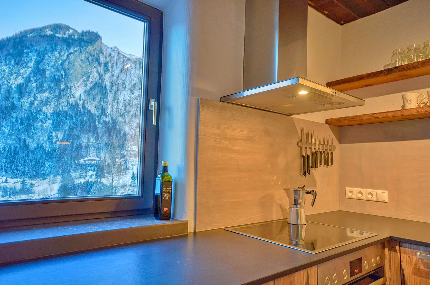 Una encimera y una placa de cocina están junto a una ventana con vistas a una montaña.