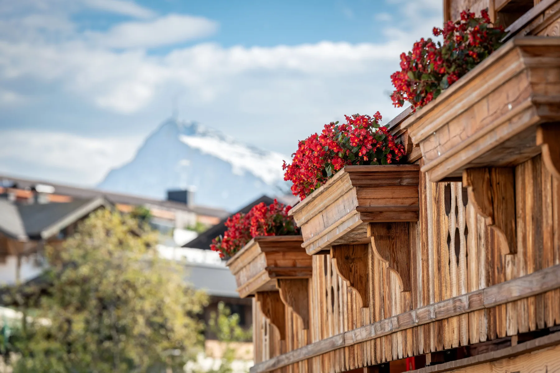 Jardineras de madera con flores rojas dan a tejados y una montaña.