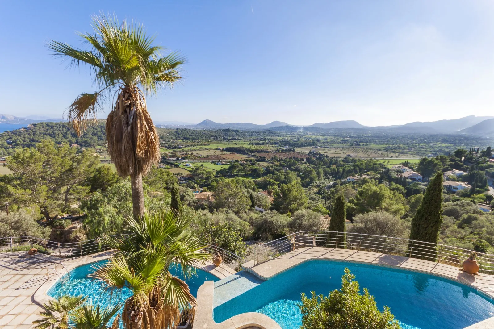 A swimming pool and palm trees overlook a broad green valley.