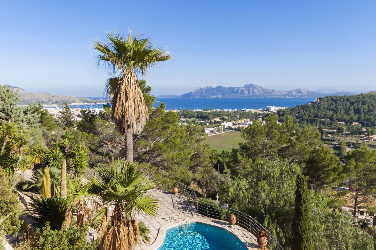 A swimming pool and palm trees overlook a coastal landscape and blue sea.