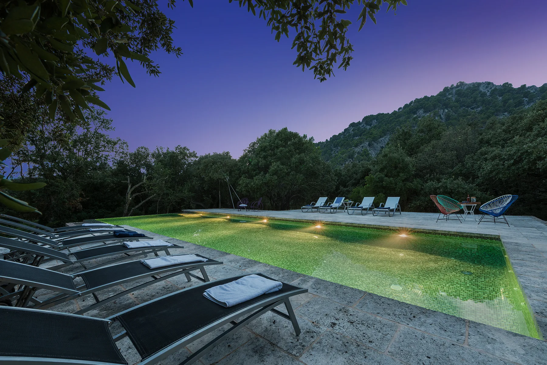 An outdoor swimming pool is surrounded by lounge seating beneath a wooded hillside.