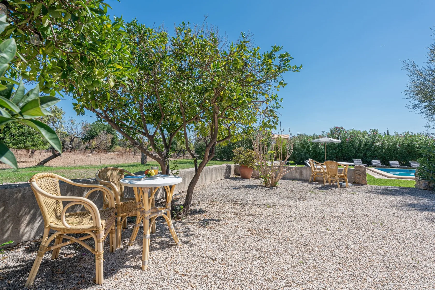 Un patio de grava con asientos al aire libre está bajo árboles frondosos junto a una piscina.