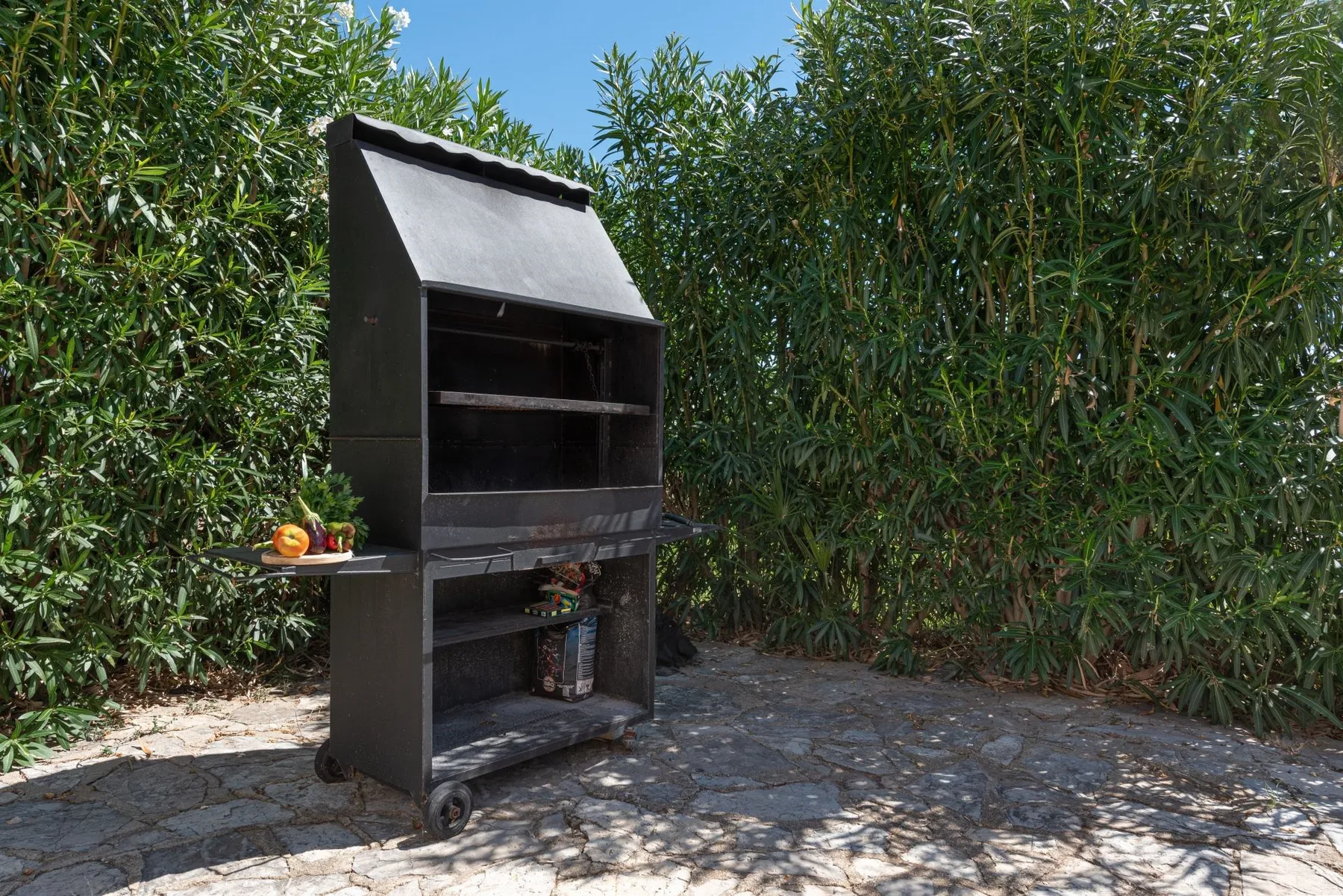 Una parrilla exterior está sobre un patio de piedra, rodeada de vegetación densa.