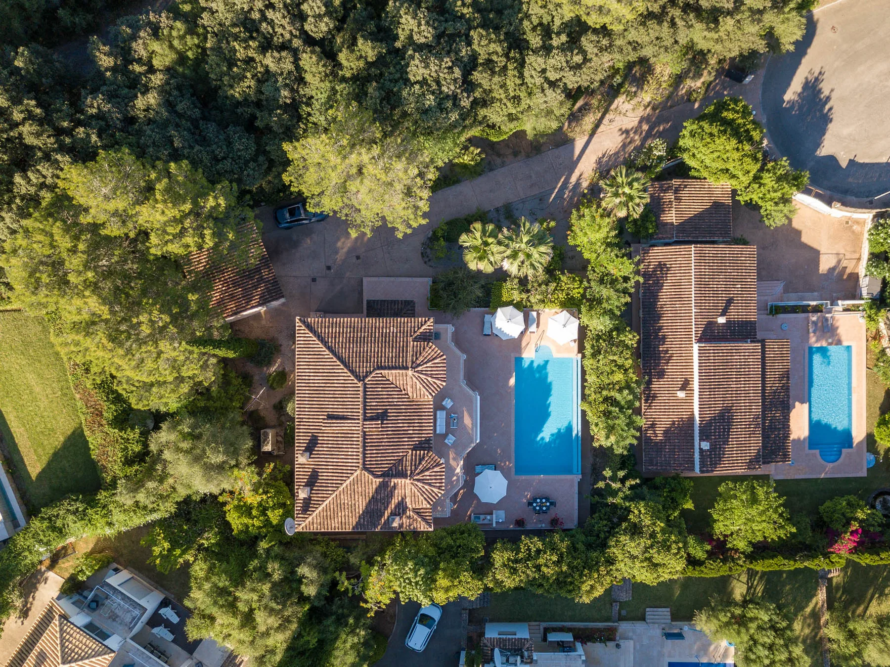 An aerial view shows several buildings and swimming pools among leafy trees.