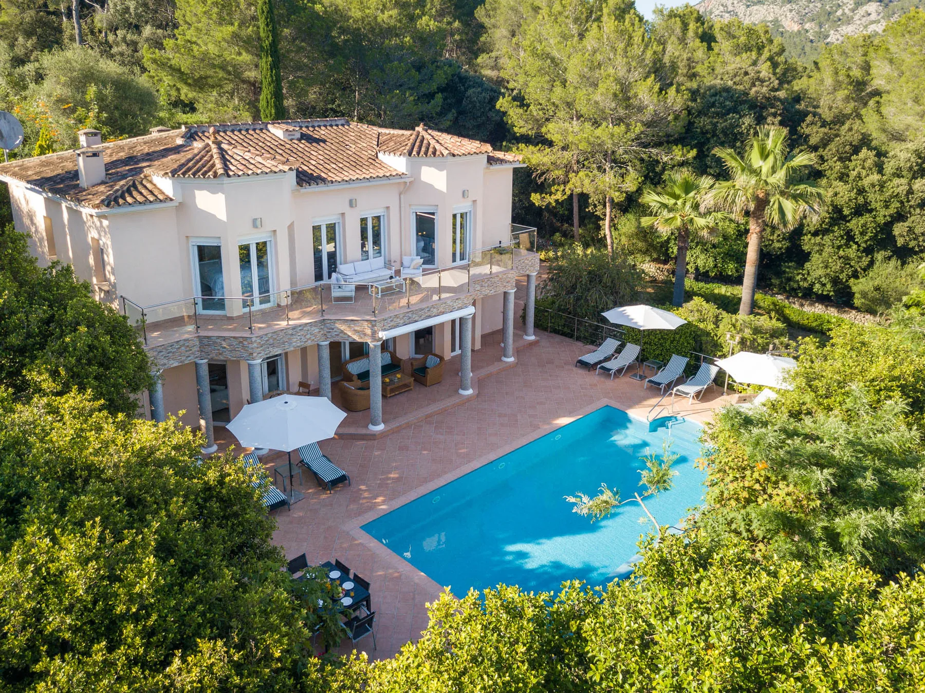 A villa with a swimming pool and patio sits among lush trees.