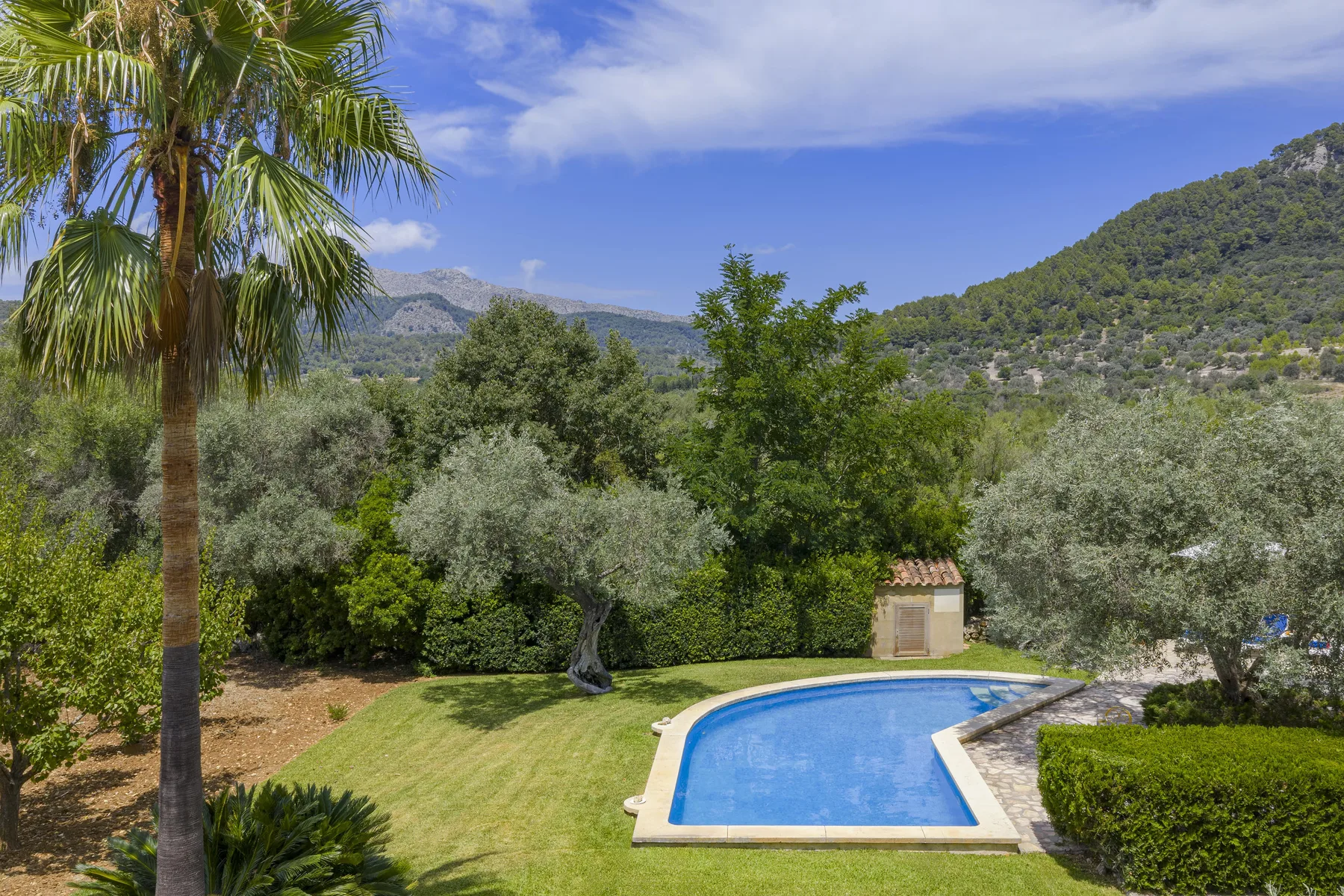Una piscina al aire libre está en un jardín ajardinado bajo colinas verdes.