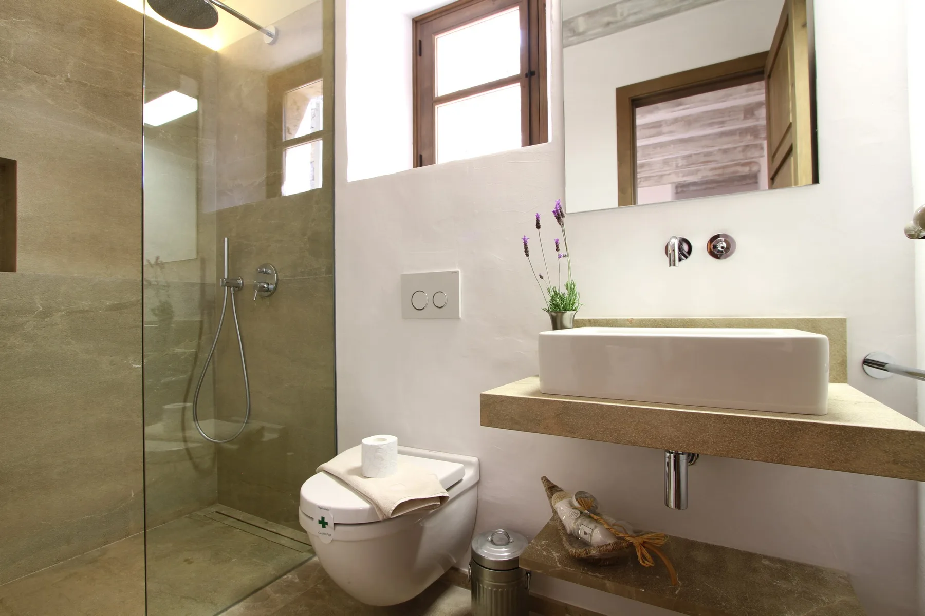 Un baño con ducha de vidrio, inodoro y lavabo sobre encimera.