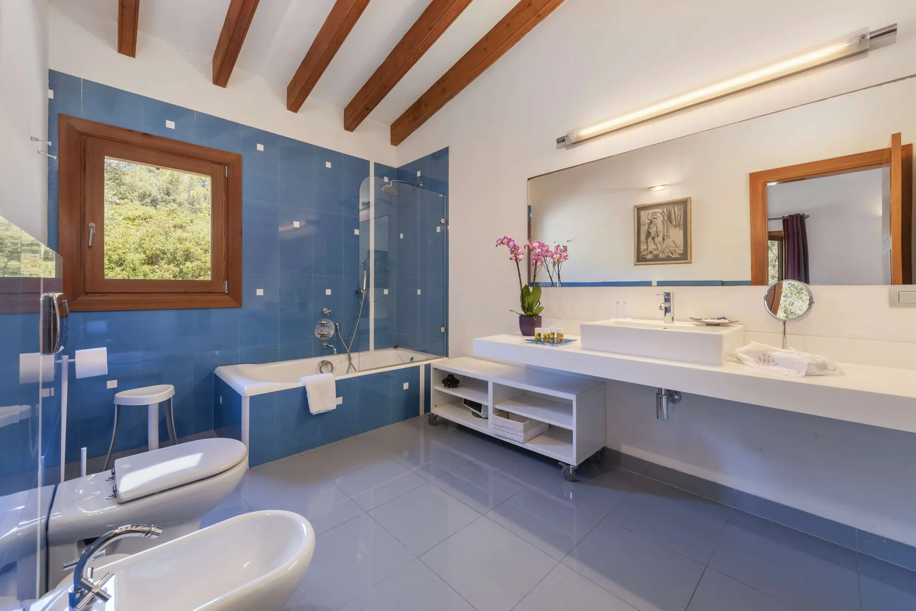 A bright bathroom with a bathtub, shower, and long vanity.