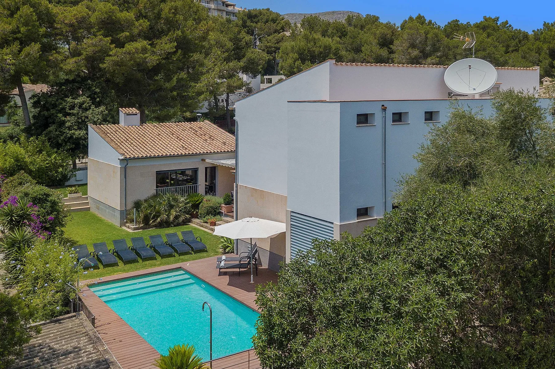 A house and swimming pool sit among leafy trees.