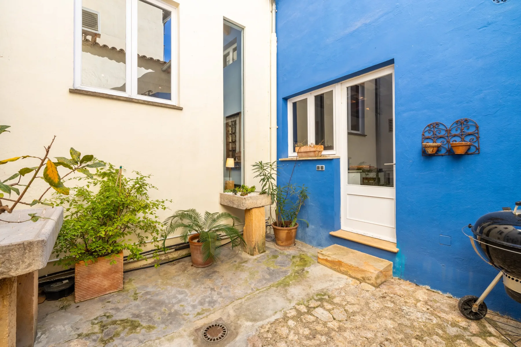 Un pequeño patio con una pared azul, una entrada y plantas en macetas.