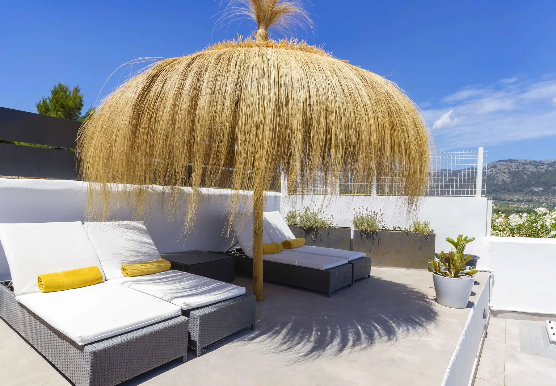 A rooftop patio with cushioned seating beneath a thatched shade canopy.