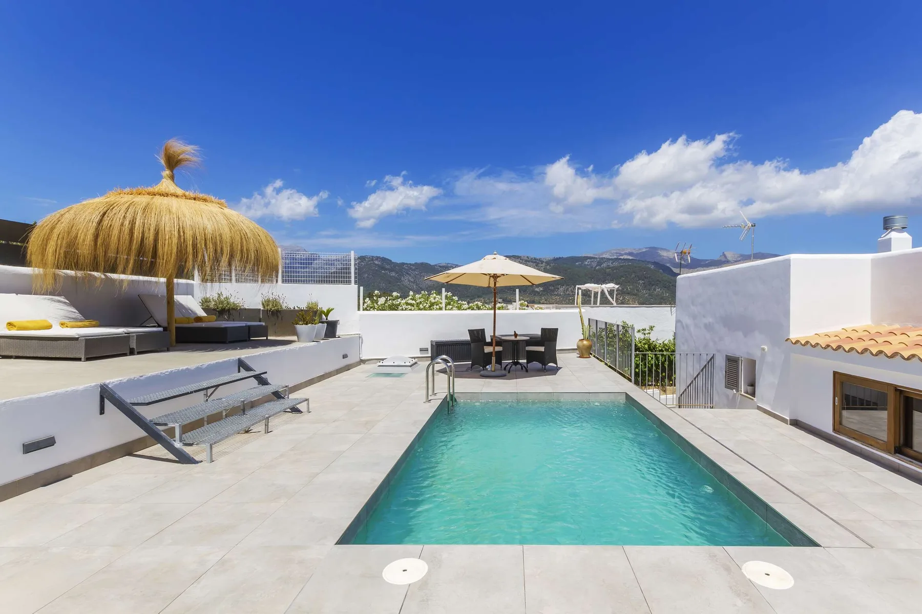 A rooftop terrace features a swimming pool, lounge seating, and a parasol.