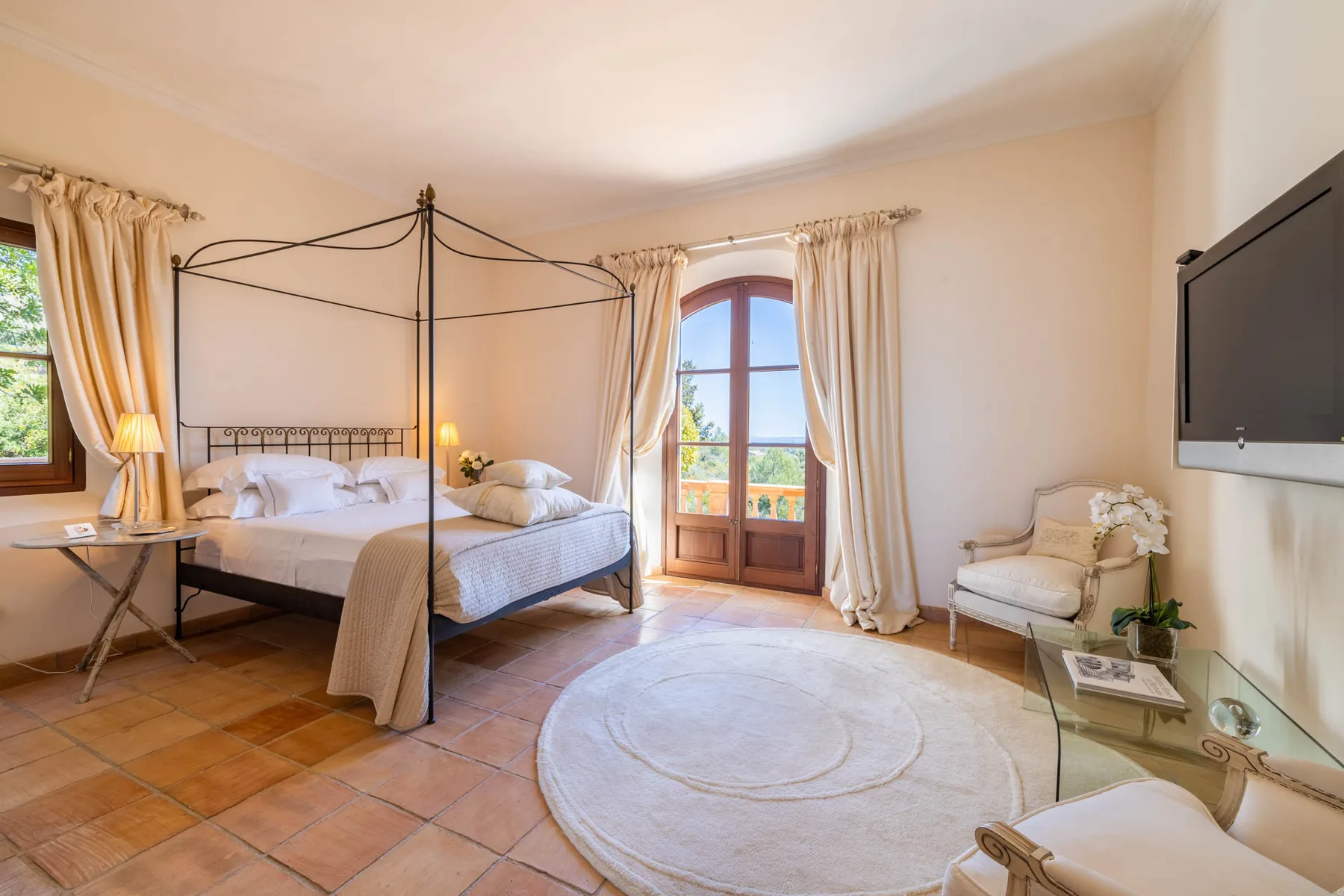 A bedroom with a canopy bed, an arched glass door, and a round rug.