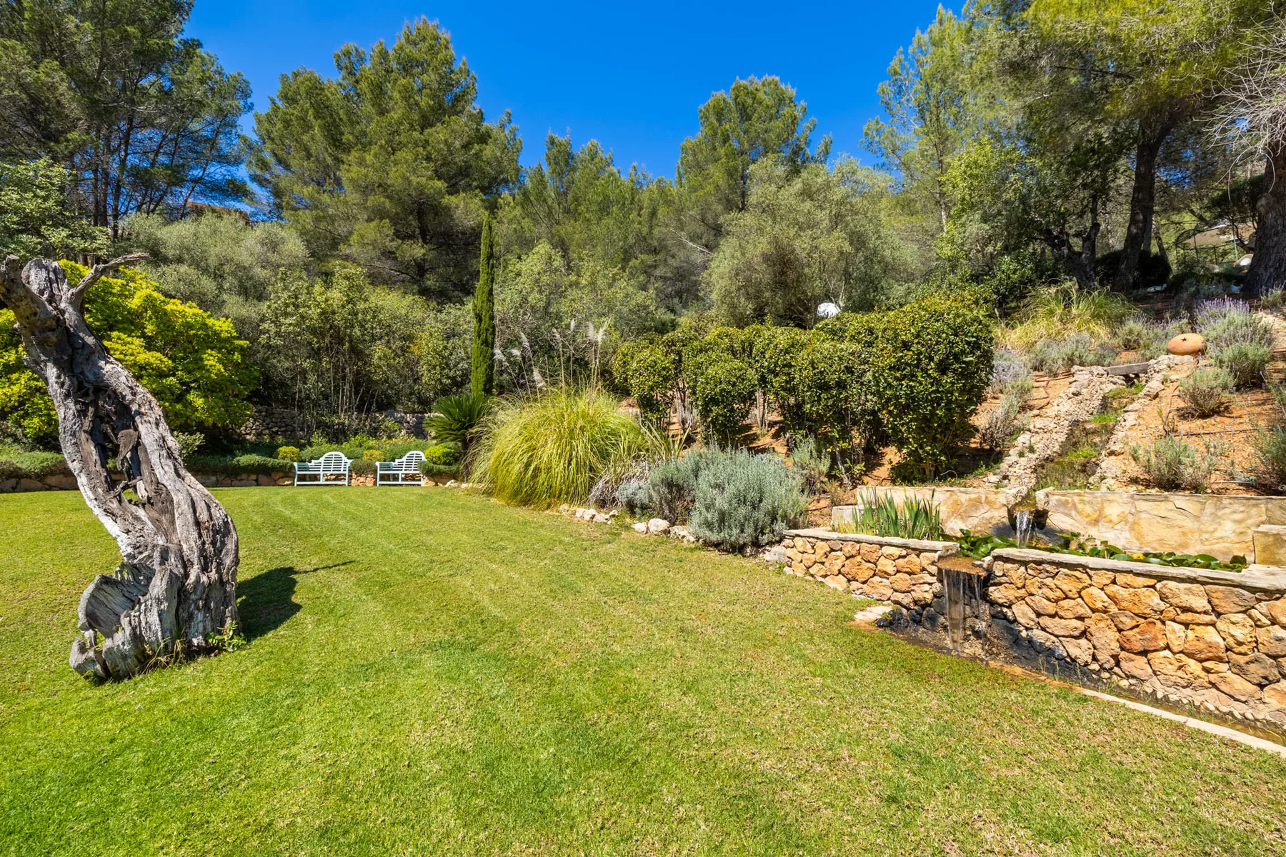 A landscaped garden with a grassy lawn, mature trees, and stone retaining walls.