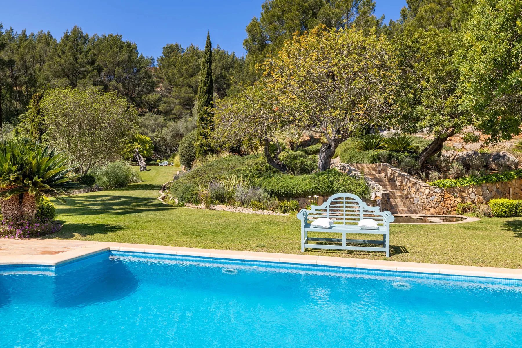 A swimming pool borders a landscaped garden with trees and a bench.
