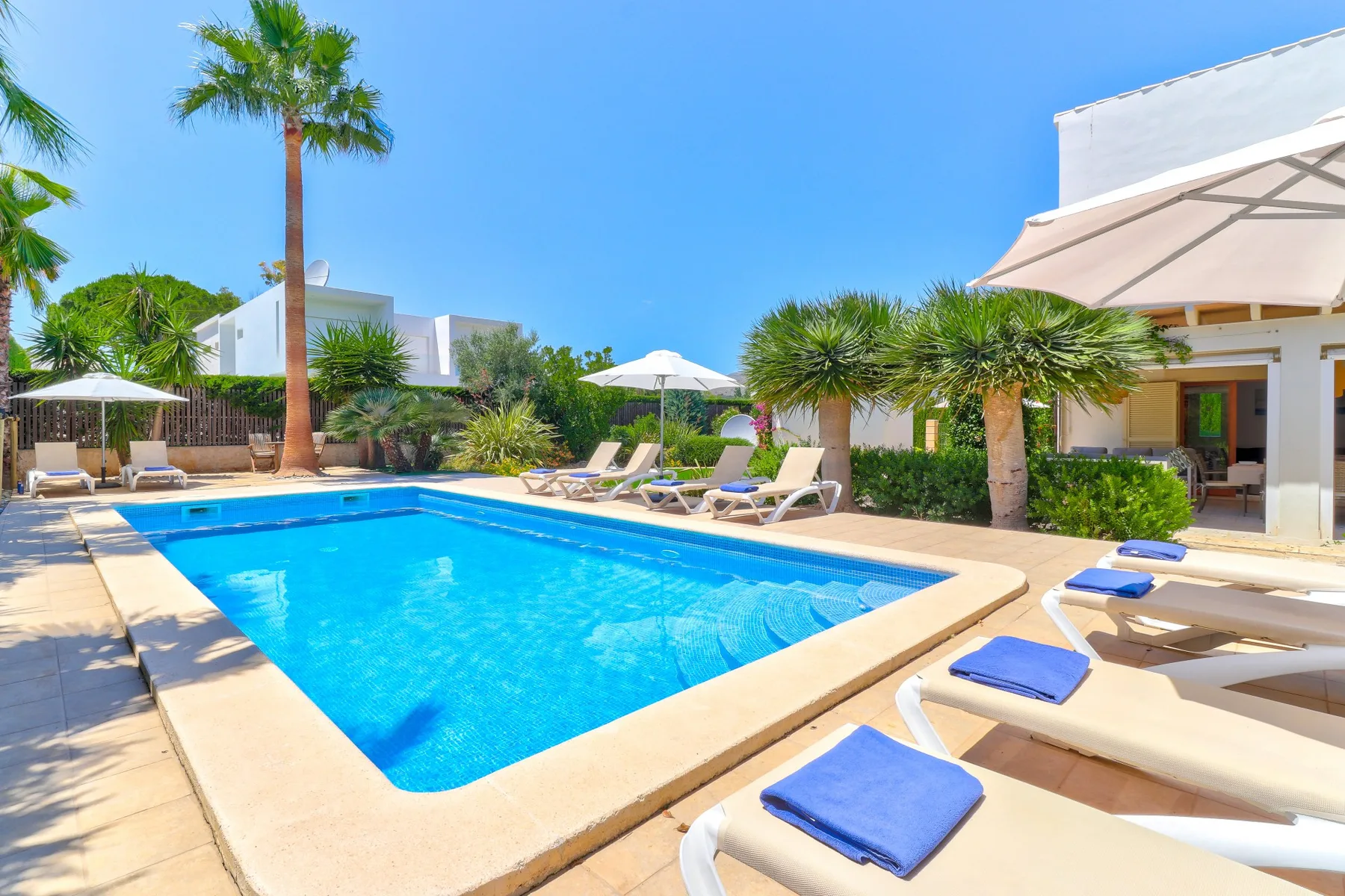 An outdoor swimming pool is surrounded by lounge seating and palm trees.