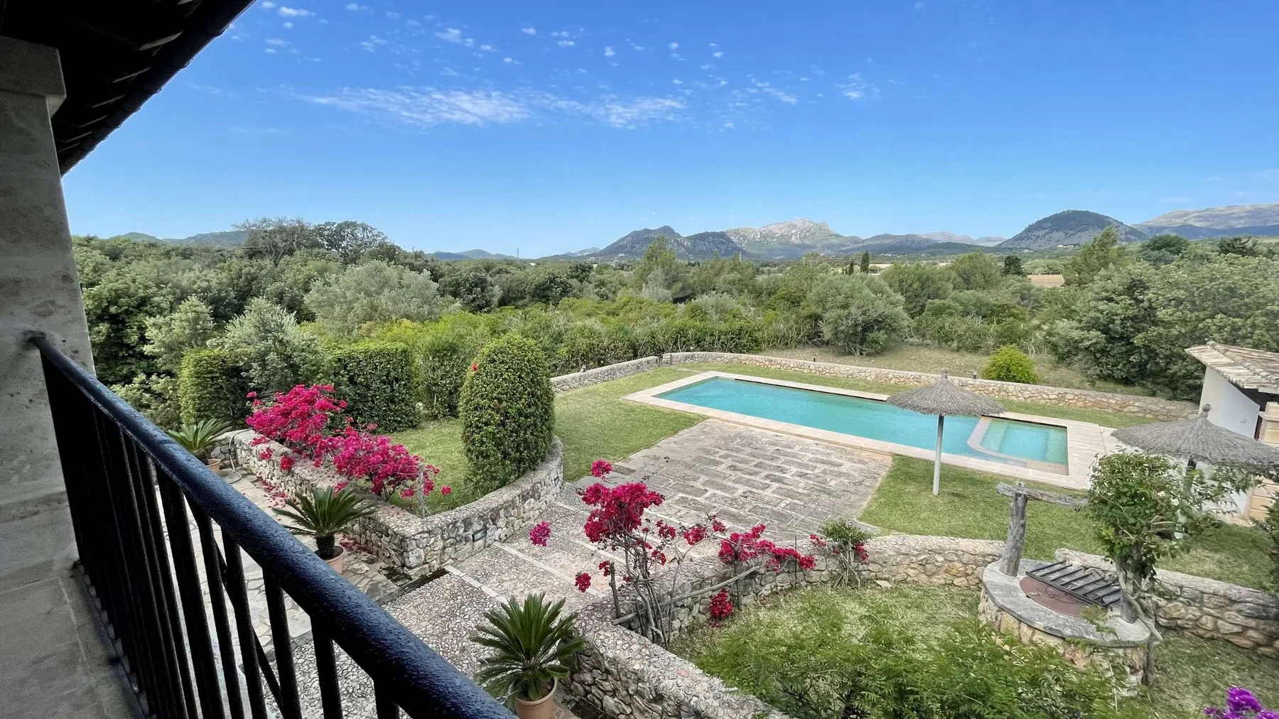 Un jardín y una piscina están rodeados de árboles verdes, con colinas a lo lejos.