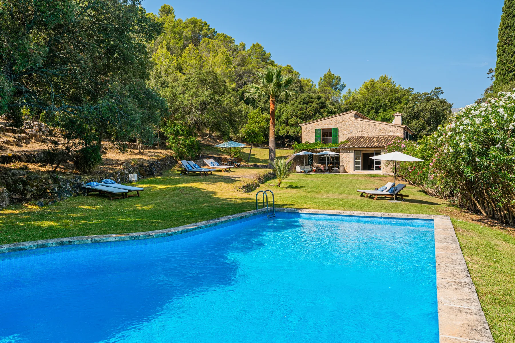 Una piscina está en un jardín ajardinado frente a una casa.