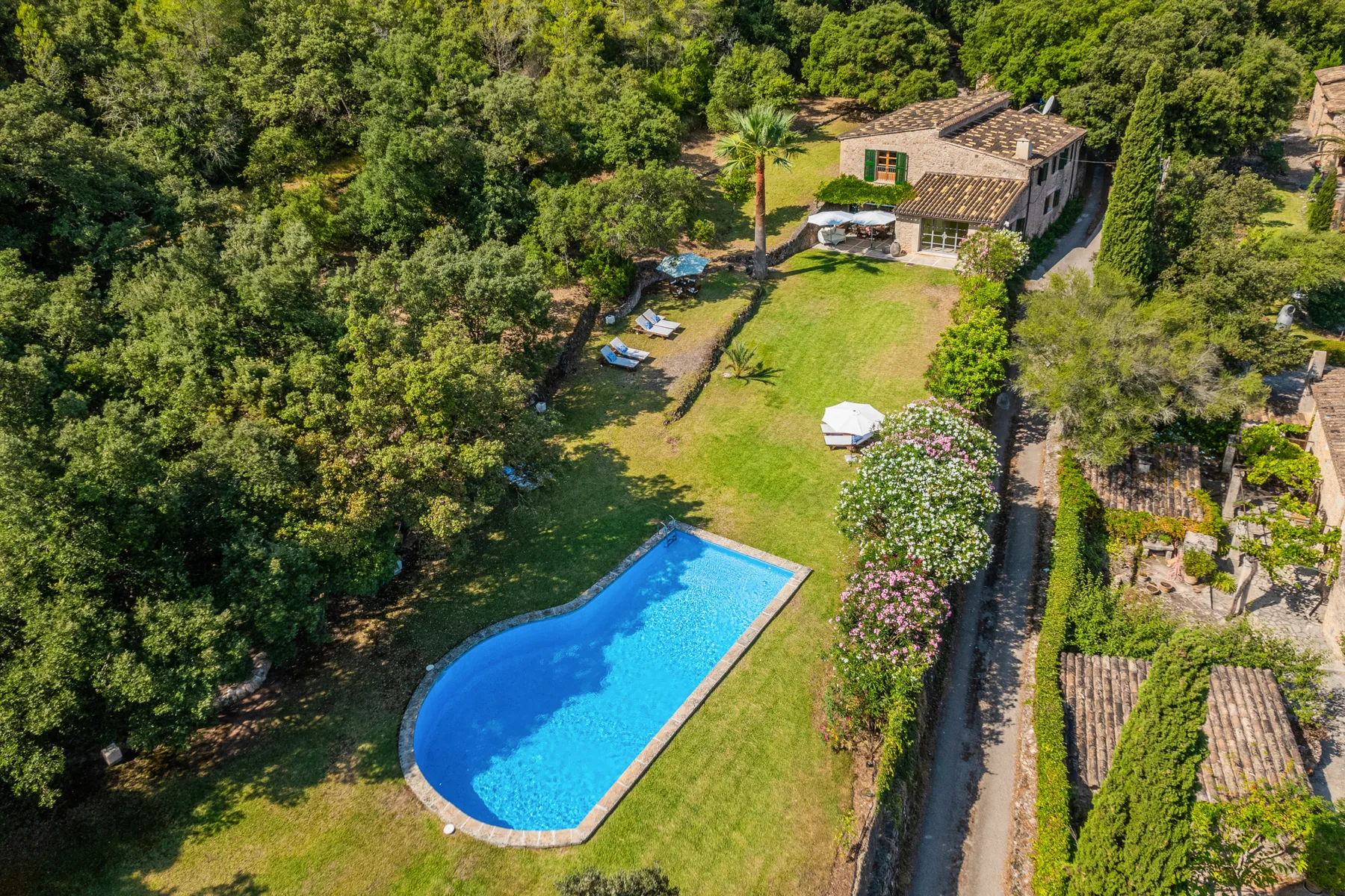 Vista aérea de una casa, un jardín y una piscina rodeados de árboles.