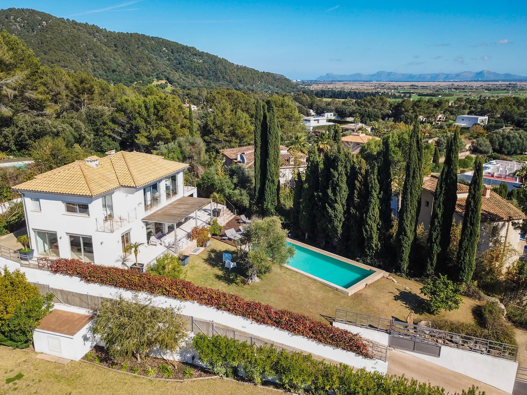 A hillside home and turquoise swimming pool sit among tall trees.