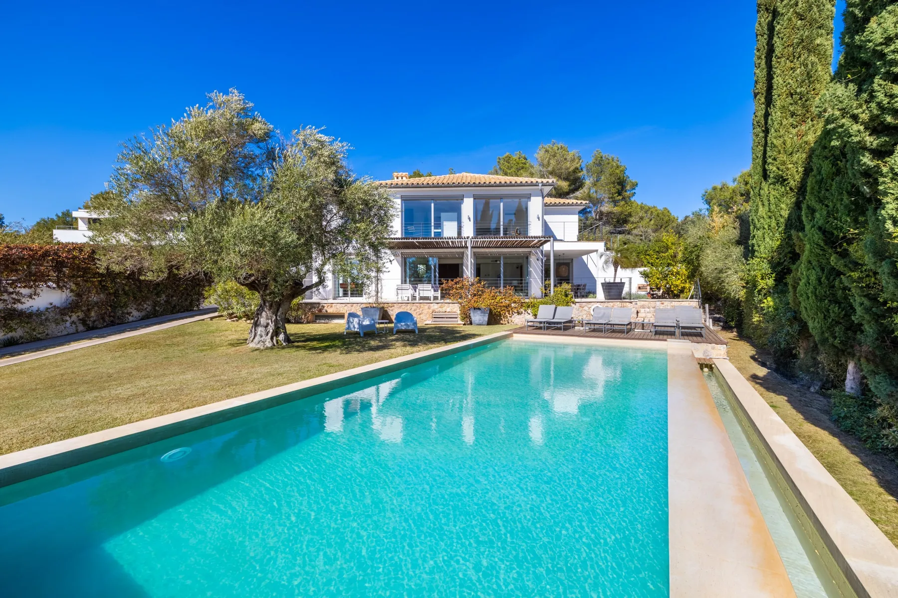 A swimming pool stretches toward a large house surrounded by landscaped grounds.