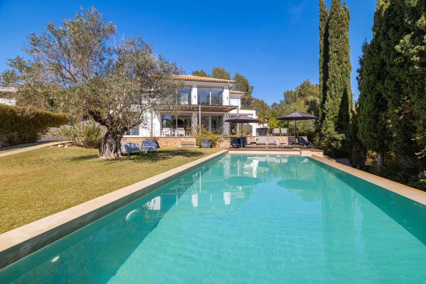 A swimming pool extends toward a two-story house, with trees and outdoor seating nearby.