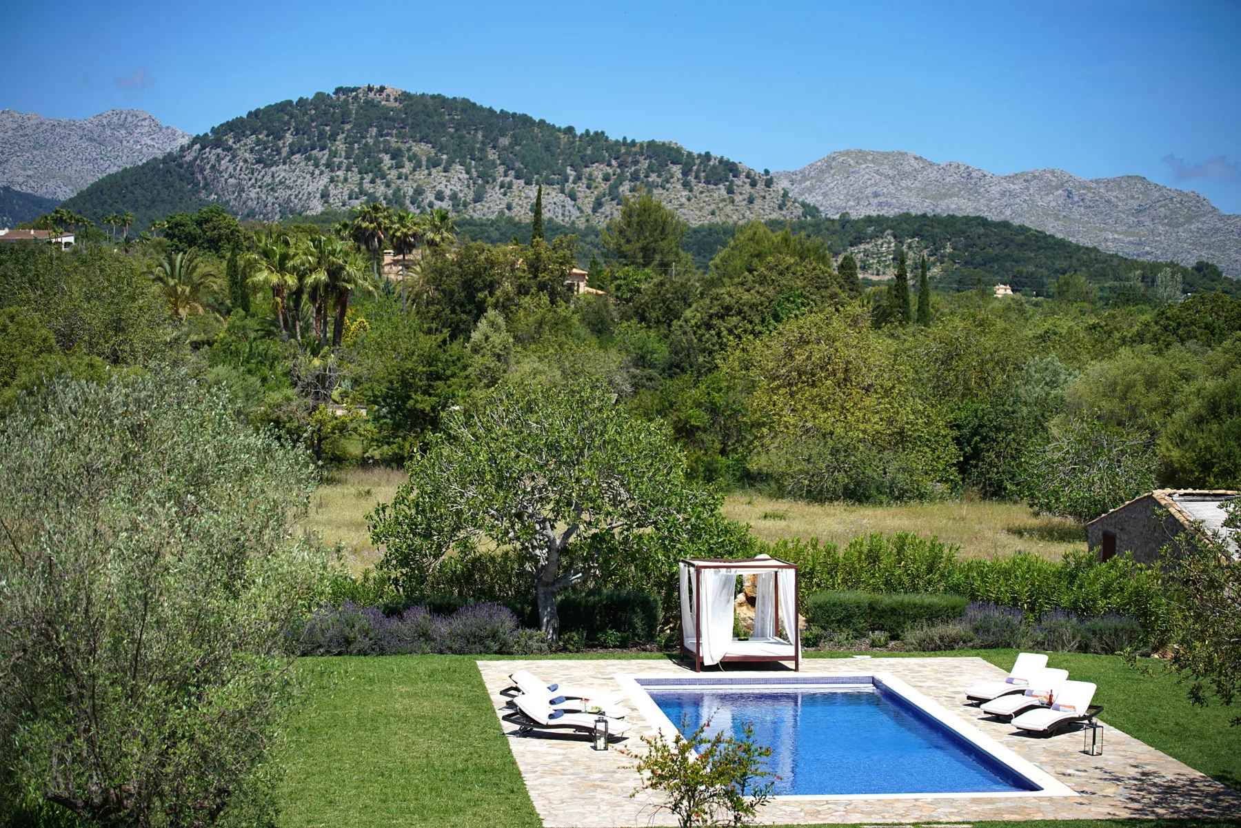 An outdoor swimming pool sits in a grassy garden with wooded hills in the distance.