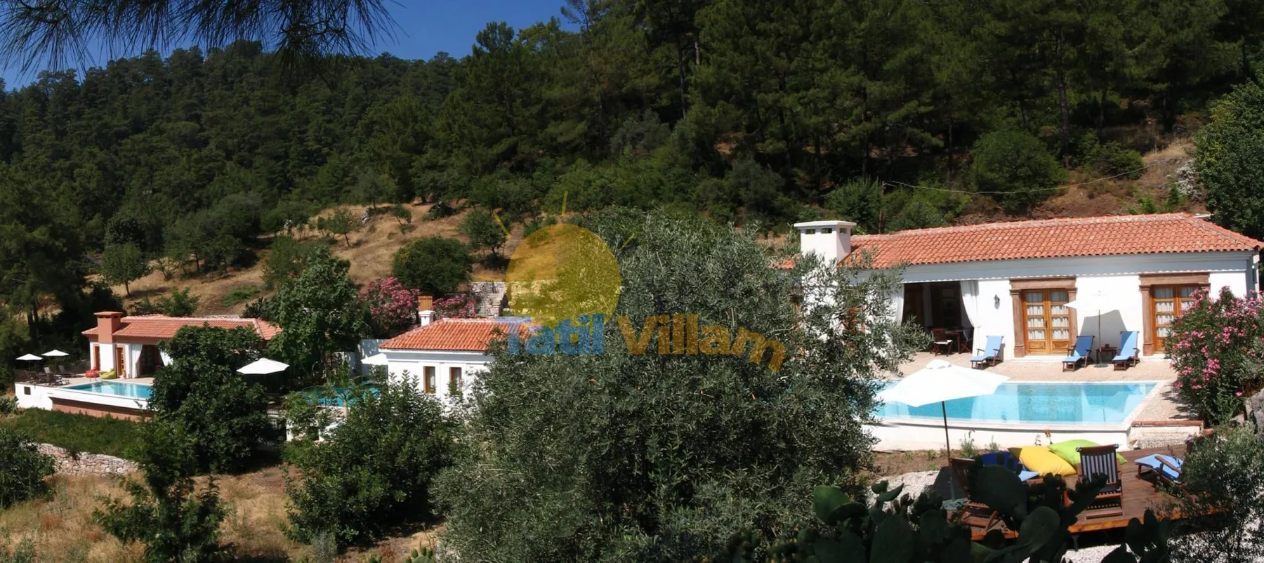 Una propiedad en la ladera con varios edificios y una piscina entre zonas boscosas.