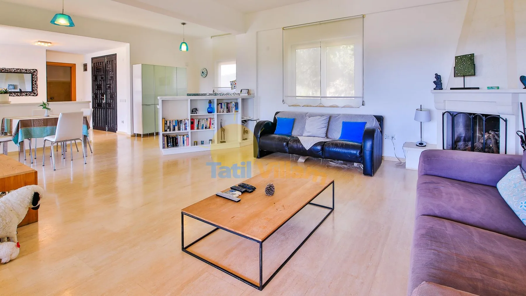 A bright living room with seating, a coffee table, and a fireplace.