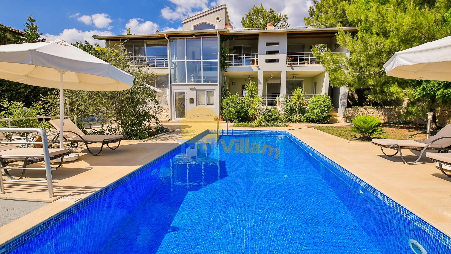 A swimming pool in front of a modern house, with lounge seating nearby.