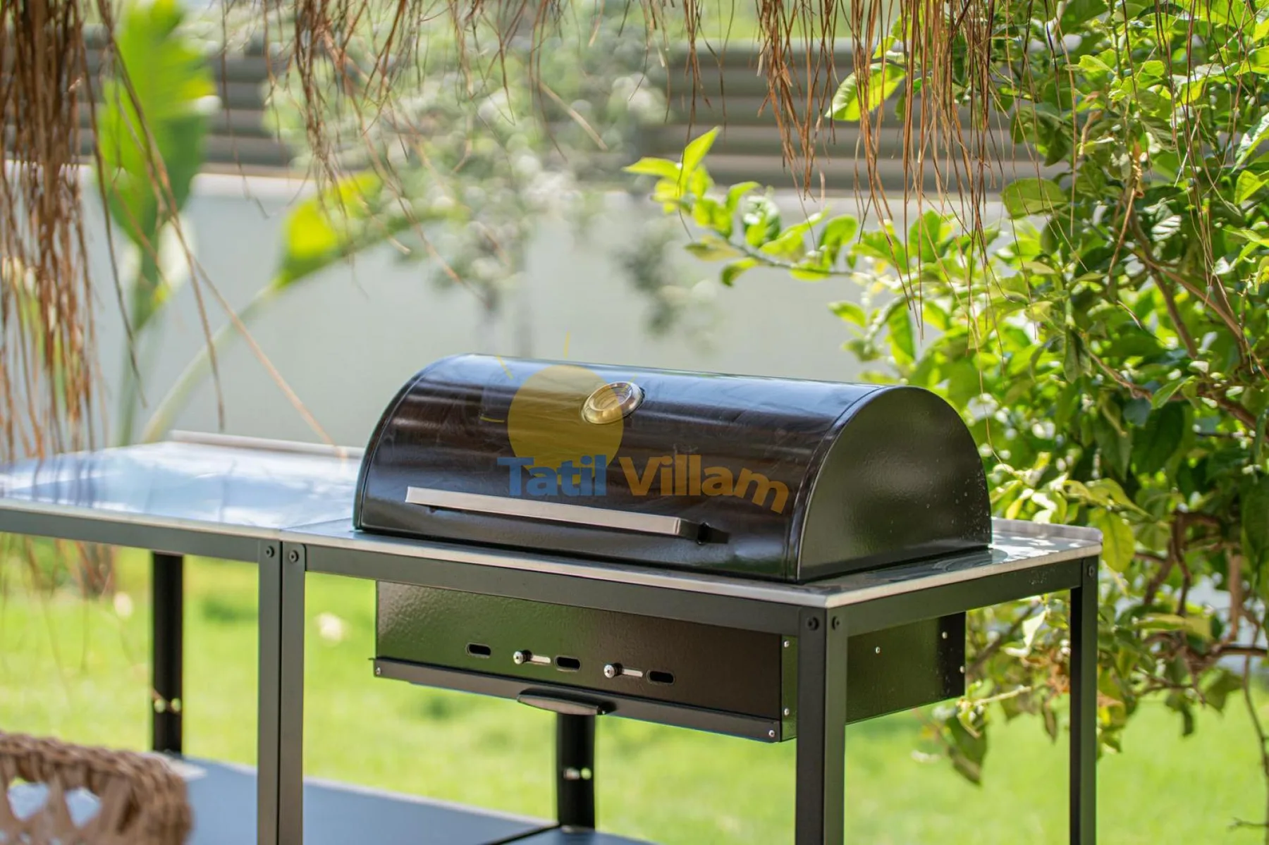 Una parrilla negra al aire libre está entre plantas verdes.