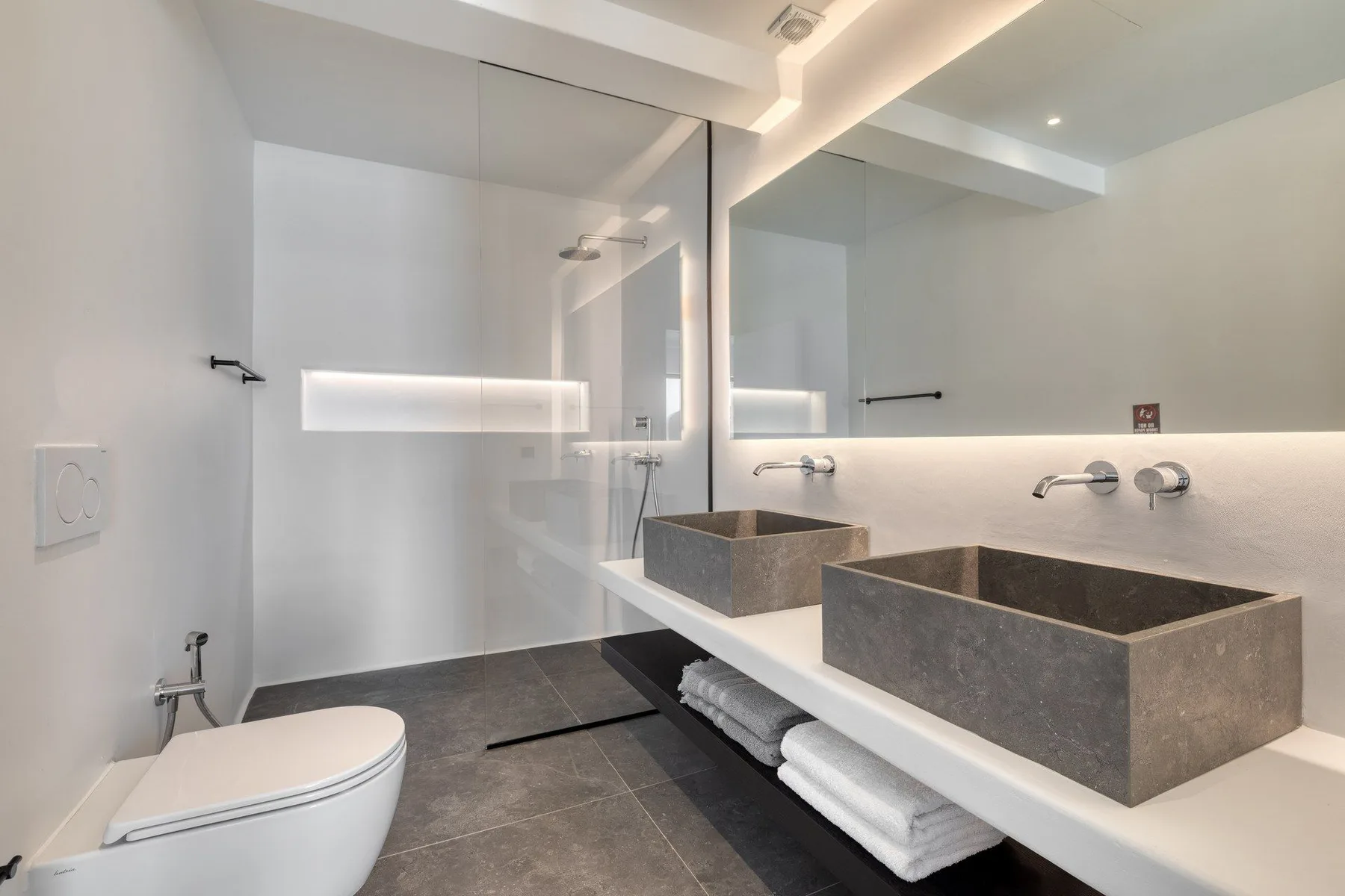 A modern bathroom with two rectangular sinks, a large mirror, and a shower.