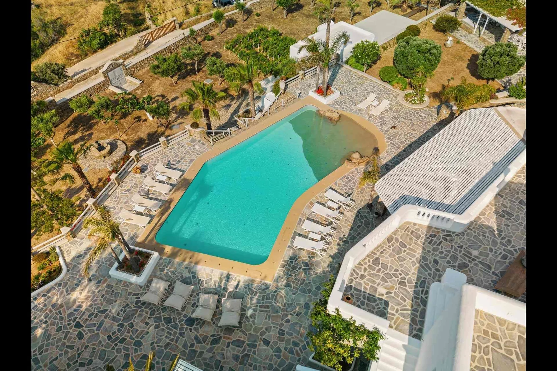 An outdoor swimming pool is surrounded by paved terraces and greenery.