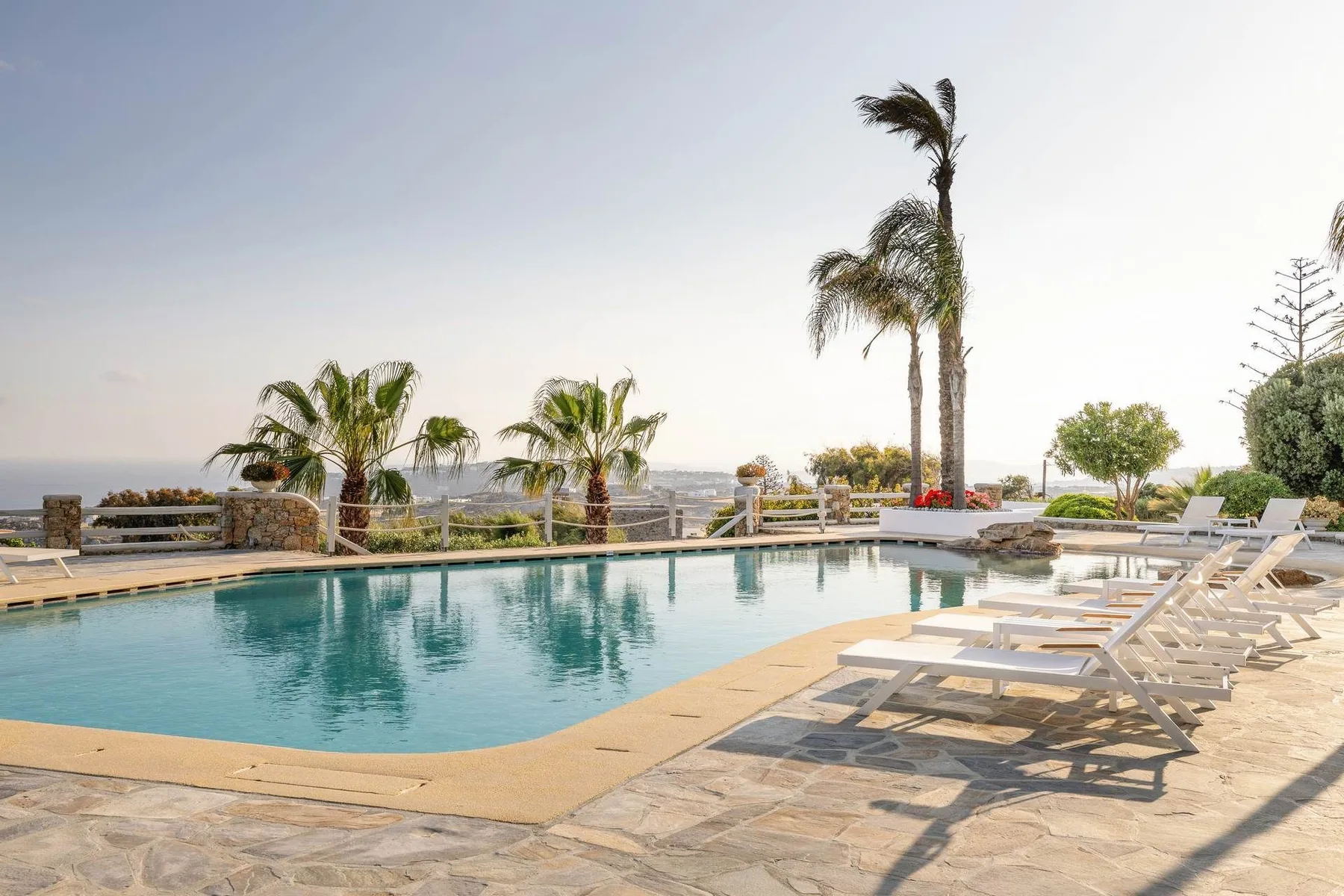 An outdoor swimming pool is surrounded by lounge chairs and palm trees.