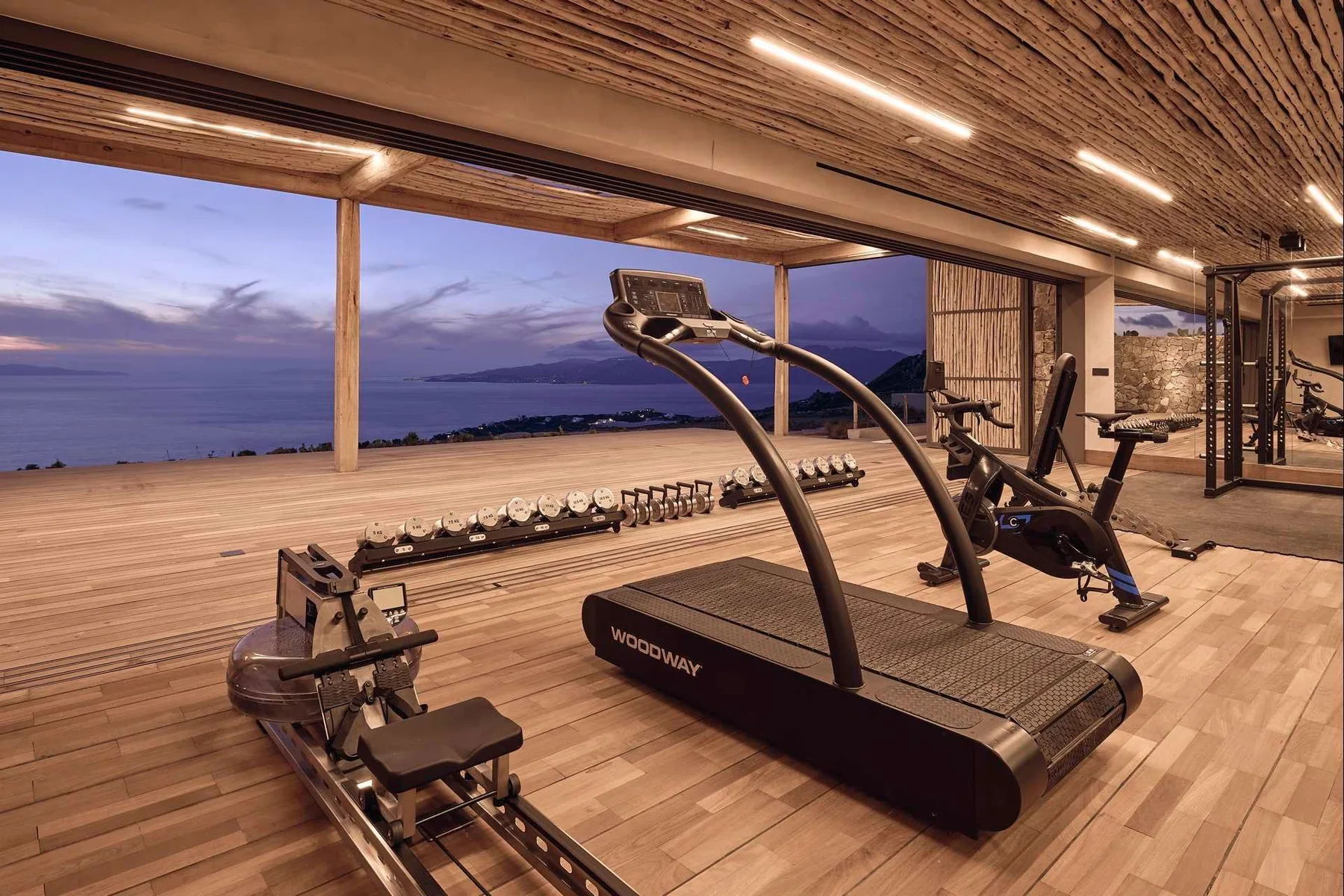 A gym with exercise equipment overlooks the ocean through wide windows.