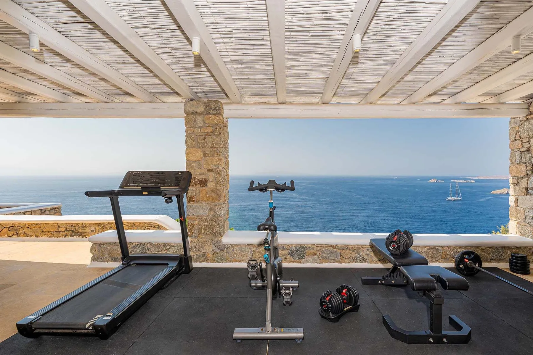 A covered outdoor workout area overlooks the sea, with exercise equipment on the terrace.
