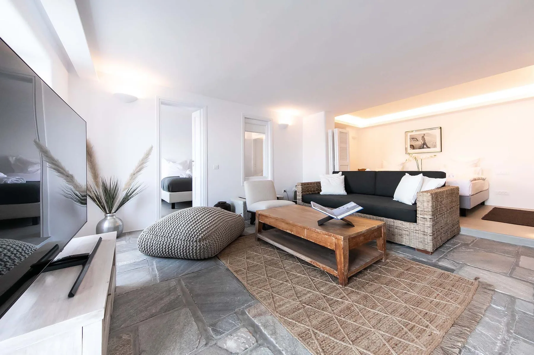 A bright living room with seating, a wooden coffee table, and a large rug.