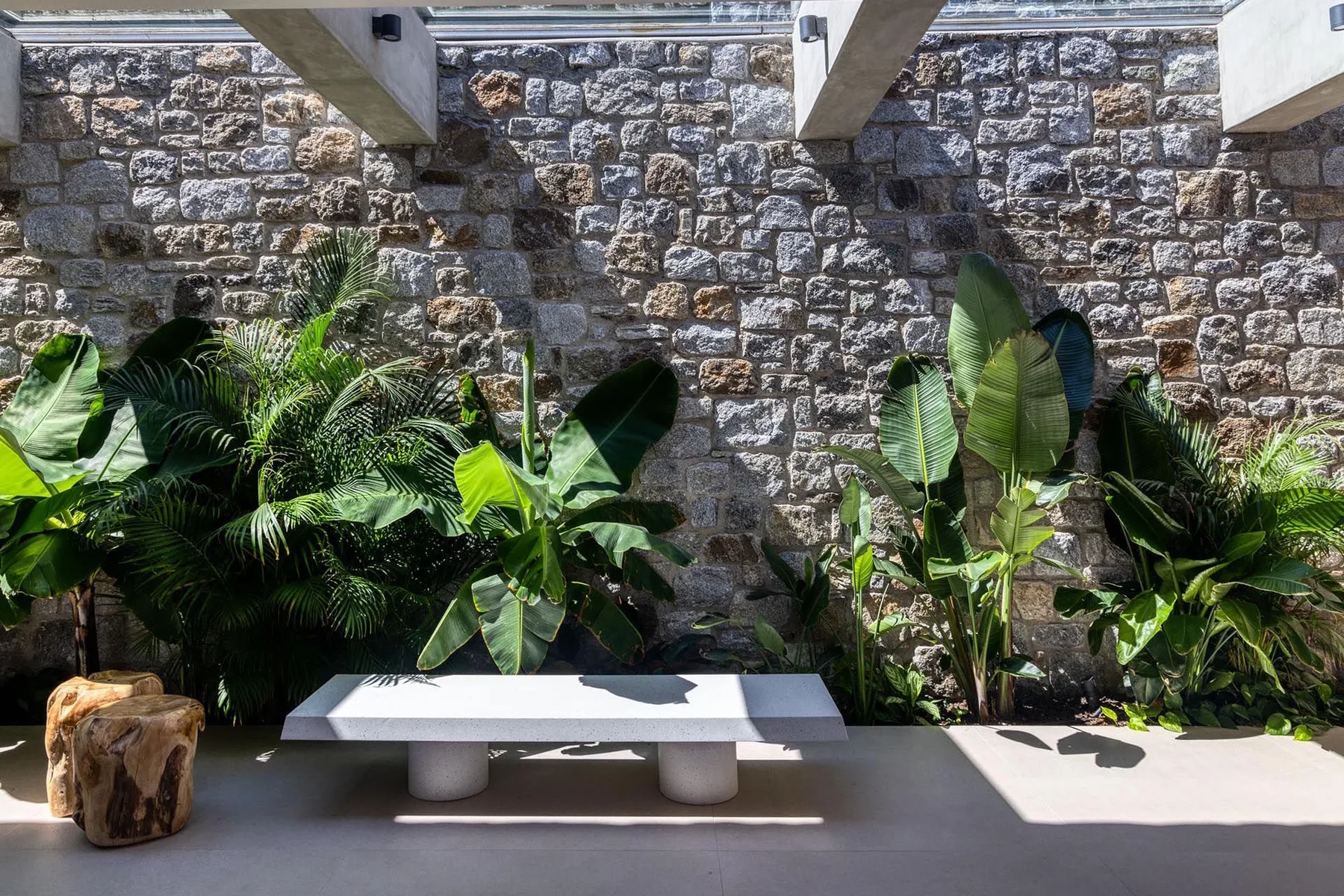 Un jardín de patio con plantas tropicales, un muro de piedra y un banco bajo.