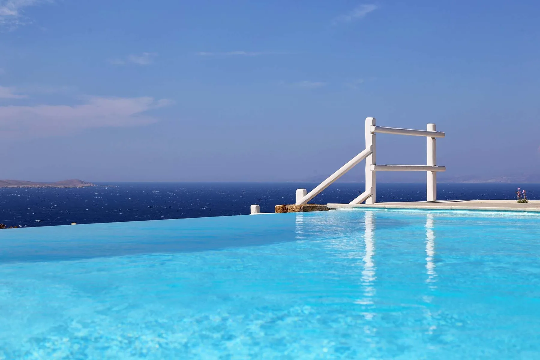 An infinity pool overlooks the sea beneath a clear blue sky.