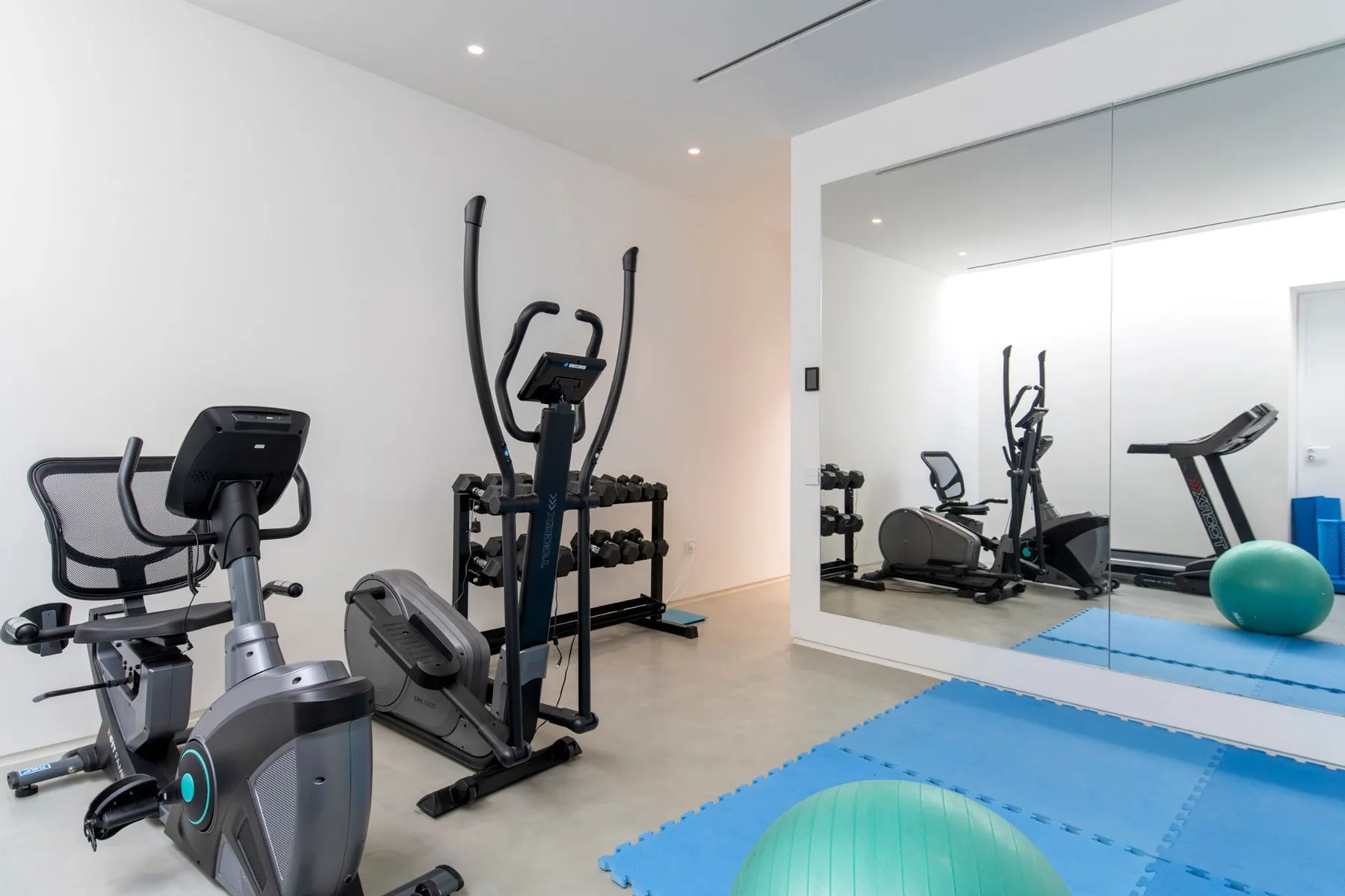 A home fitness room with exercise machines and blue floor mats.
