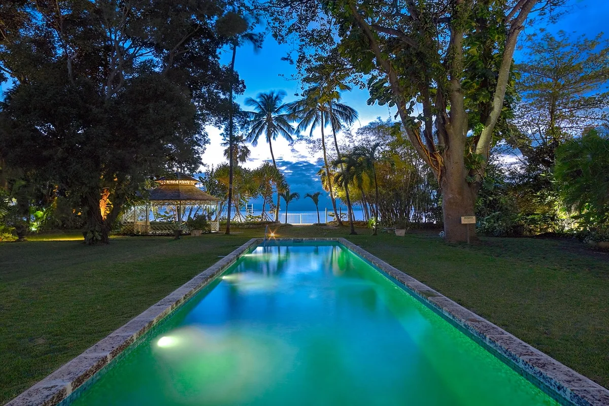 Una piscina se extiende por un jardín hacia las palmeras y el océano.
