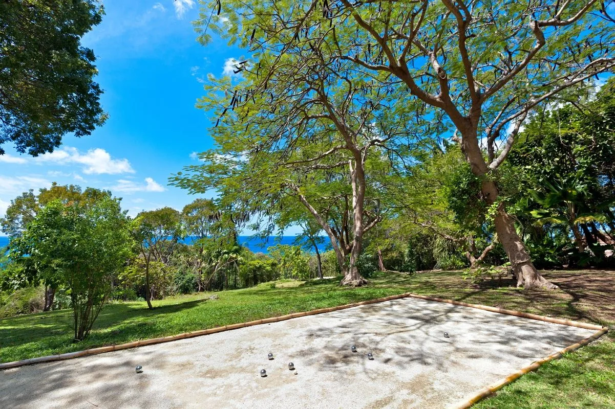 A paved outdoor area sits beneath leafy trees, with the sea visible beyond.